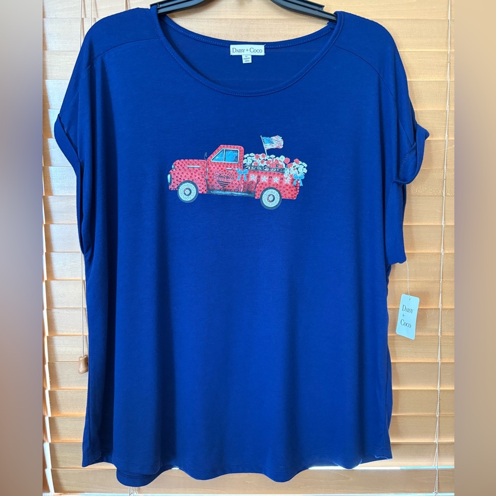 Daisy+Coco NWT Navy Tee with Red Truck Graphic America/ Rhinestones. Size  2X